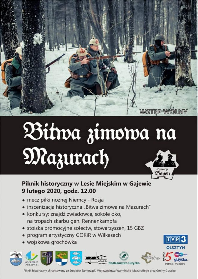 widowisko historyczne pod nazwą „Bitwa zimowa na Mazurach 2020” w Lesie Miejskim w Gajewie koło Giżycka
